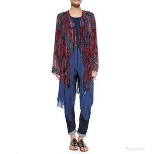 Neiman Marcus Vintage Velvet Burnout Fringe-Trim Kimono, Red/Multi